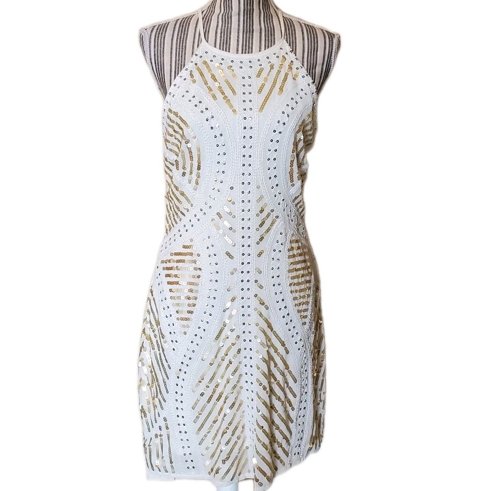 POLY USA BY NEBLON White Sheath Halter‎ Dress Sequin Adorned Cut Out Back Sz XL
